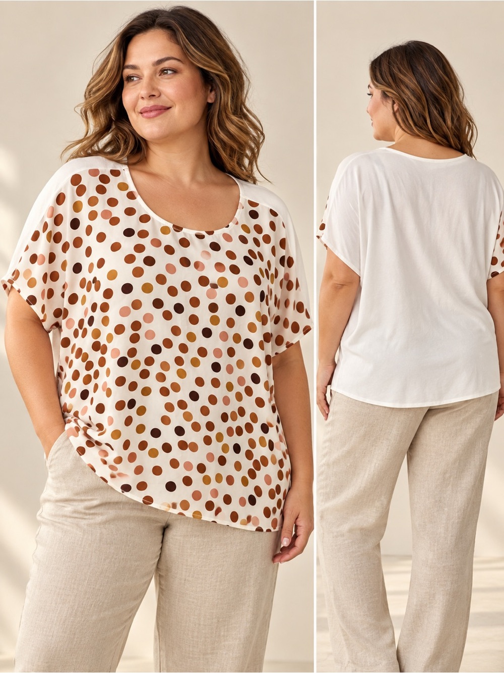 Polka Dot Scoop Neck Short Sleeve Top by Laura Plus-White with Brown Dots